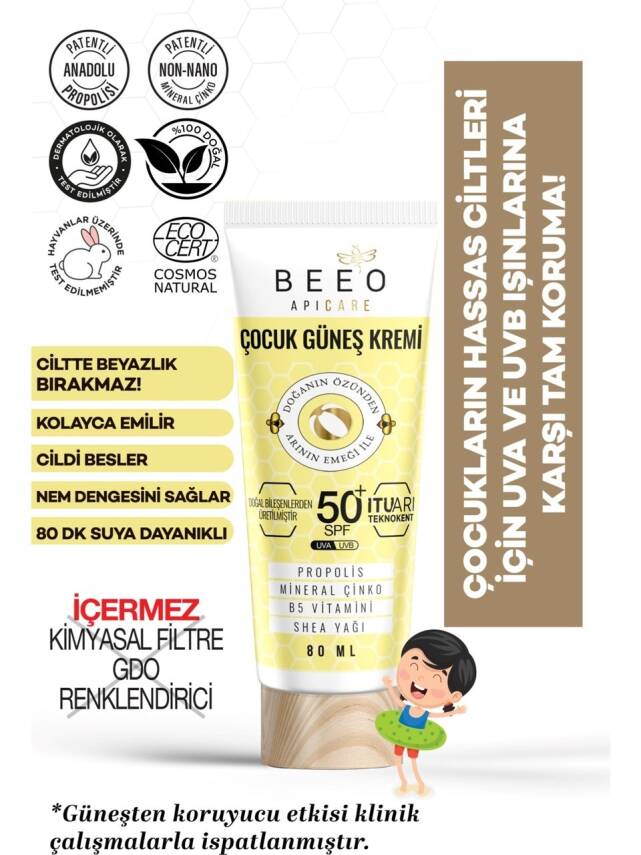 Beeo Apicare Propolisli Çocuk Güneş Kremi SPF 50+ 80 ml - 1