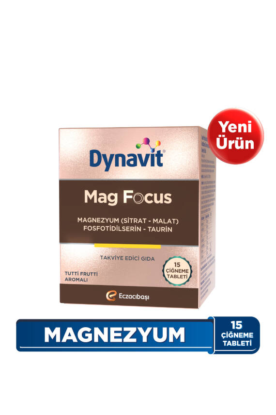 Dynavit Mag Focus 15 Çiğneme Tab - Magnezyum Malat & Sitrat, Fosfotidilserin, B6 & B12 Vitamini - Odaklanma - 1