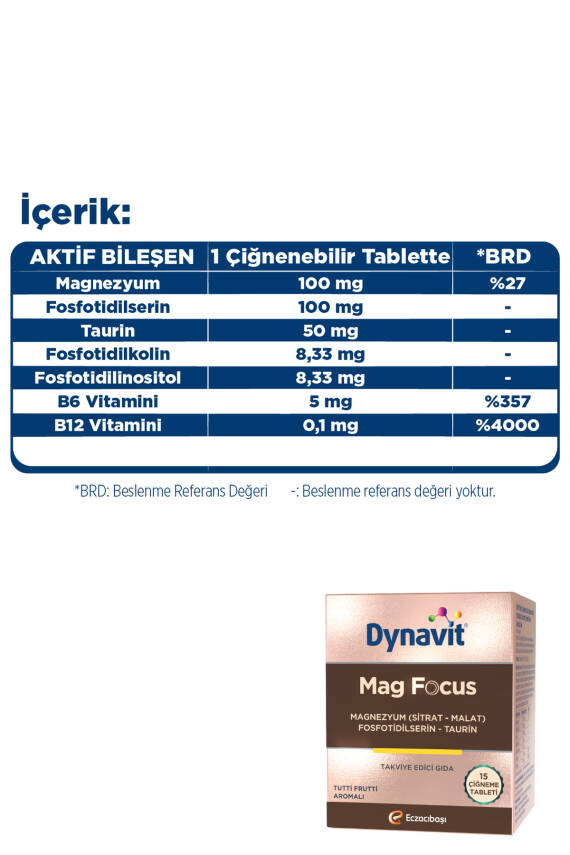 Dynavit Mag Focus 15 Çiğneme Tab - Magnezyum Malat & Sitrat, Fosfotidilserin, B6 & B12 Vitamini - Odaklanma - 6