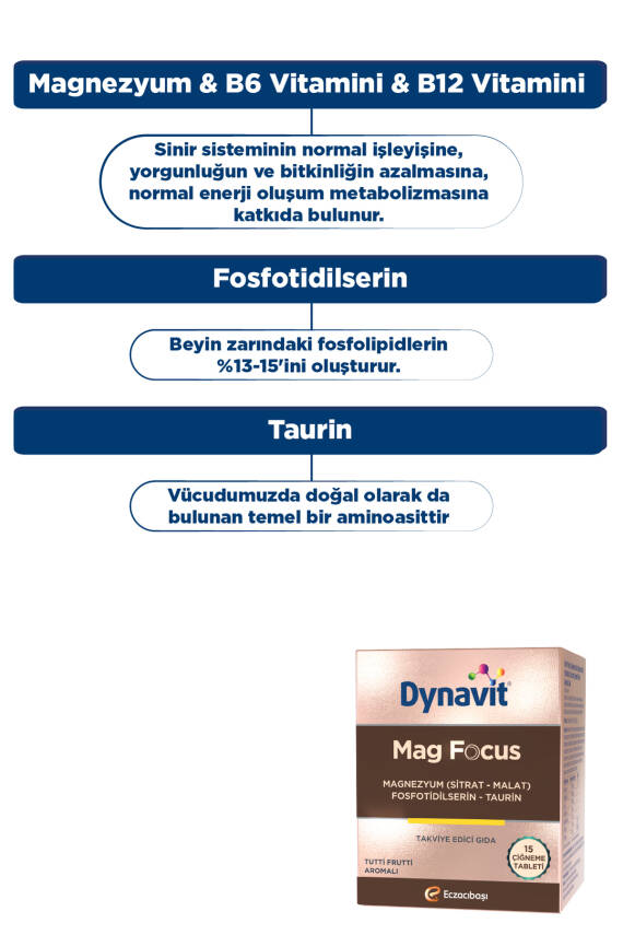 Dynavit Mag Focus 15 Çiğneme Tab - Magnezyum Malat & Sitrat, Fosfotidilserin, B6 & B12 Vitamini - Odaklanma - 7