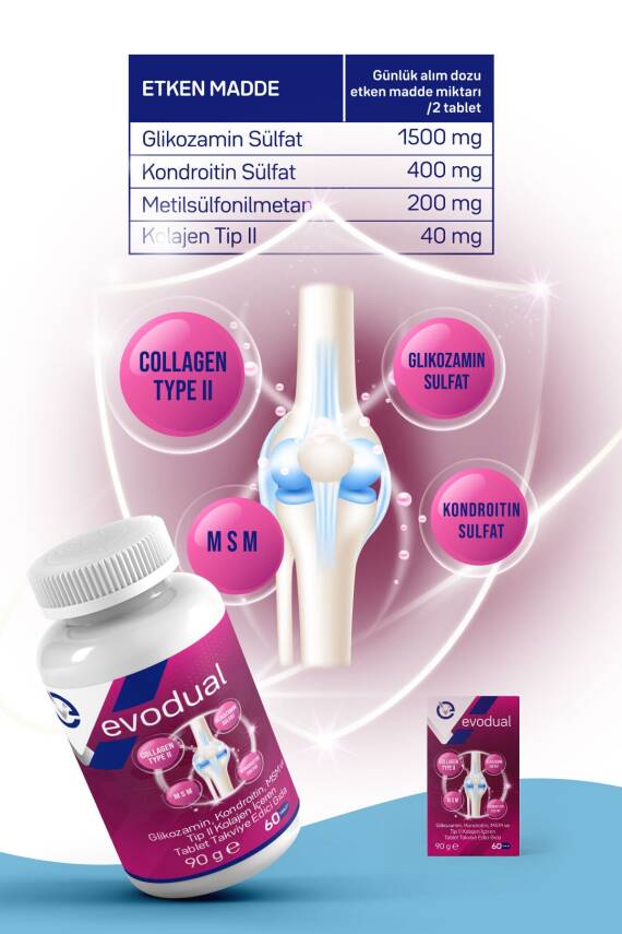 EVOPHARMA EVODUAL (Glikozamin, Kondroitin, MSM ve T İP II Kollajen İçeren Tablet Takviye Edici Gıda) - 2