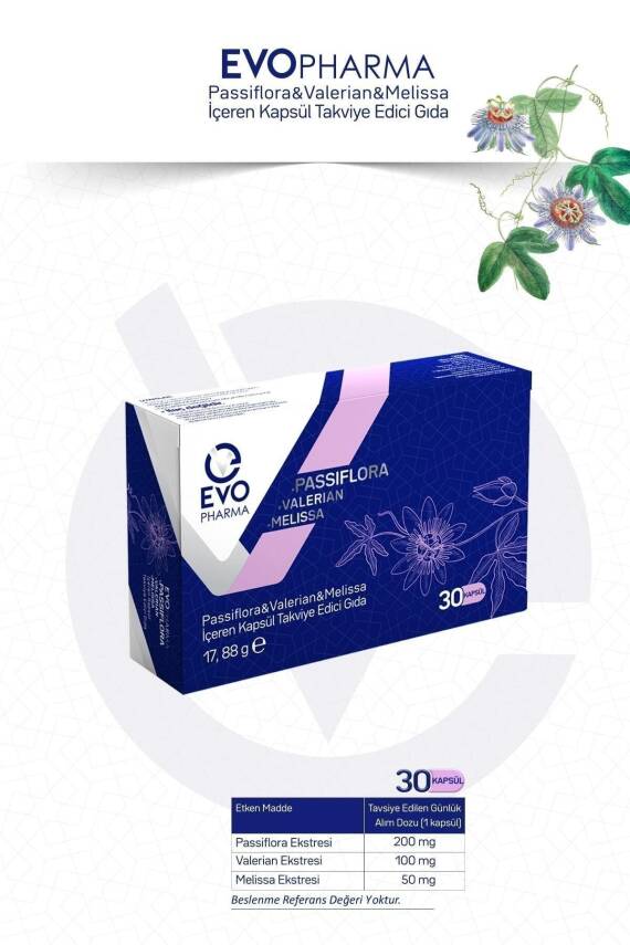 EVOPHARMA Passıflora & Valerian & Melissa İçeren Takviye Edici Gıda 30 Kapsül - 2