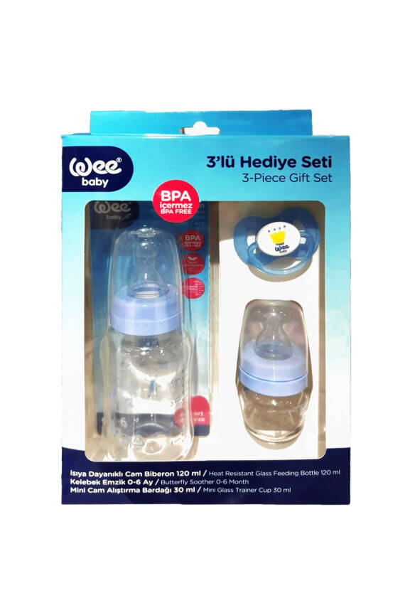 Wee Baby 3’lü Set Cam Biberon 120ml + Emzik + Cam Alıştırma Bardağı 30 ml - Mavi - 2