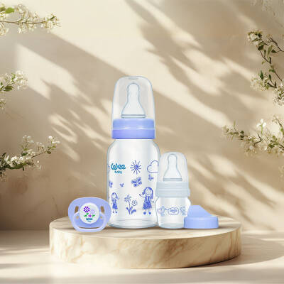 Wee Baby 3’lü Set Cam Biberon 120ml + Emzik + Cam Alıştırma Bardağı 30 ml - Mavi - Wee Baby