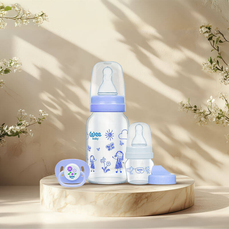 Wee Baby 3’lü Set Cam Biberon 120ml + Emzik + Cam Alıştırma Bardağı 30 ml - Mavi - 1